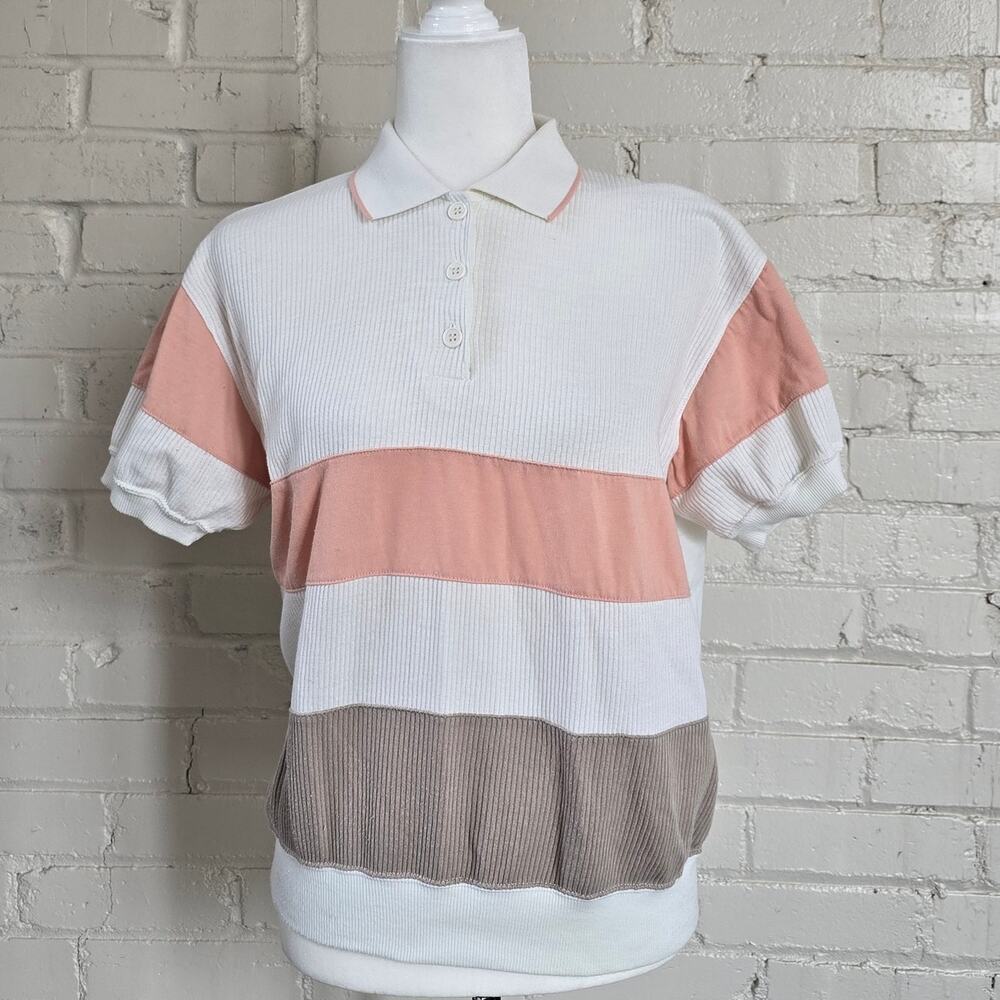 Vintage Alfred Dunner Ribbed Polo Blouse | Retro Peach Brown Colorblock Knit Top